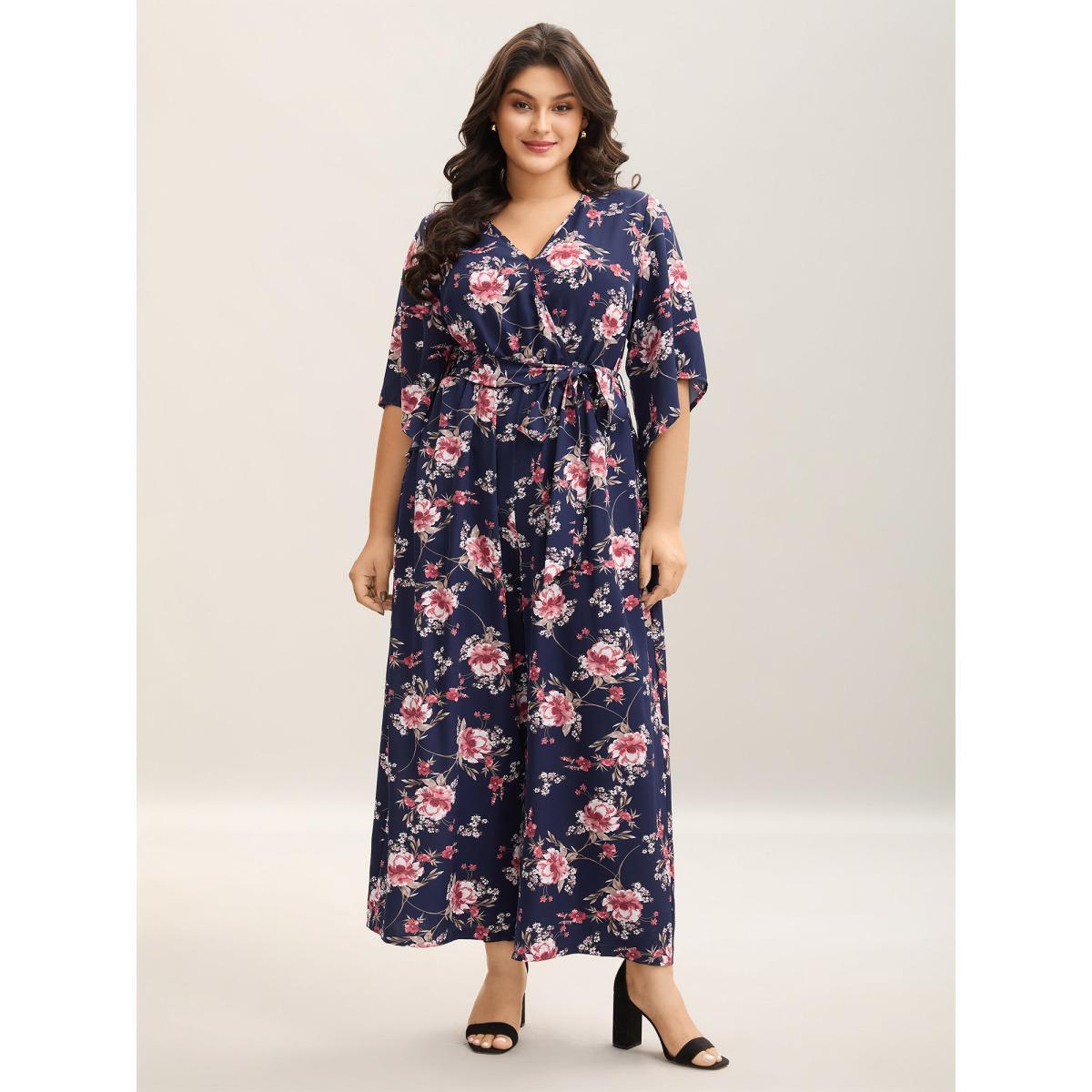 Plus Size DarkBlue Large Flower Pattern Pockets Belted Jumpsuit Women Elbow-length sleeve Overlap Collar Everyday-Elegant Loose Jumpsuits BloomChic 22-24/3X Product Image