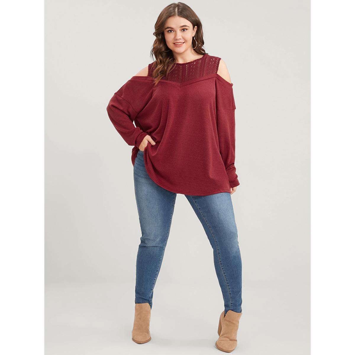 Plus Size Solid Lace Mesh Cold Shoulder Sweatshirt Women Burgundy Elegant See through Round Neck Dailywear Sweatshirts BloomChic 30/6X Product Image