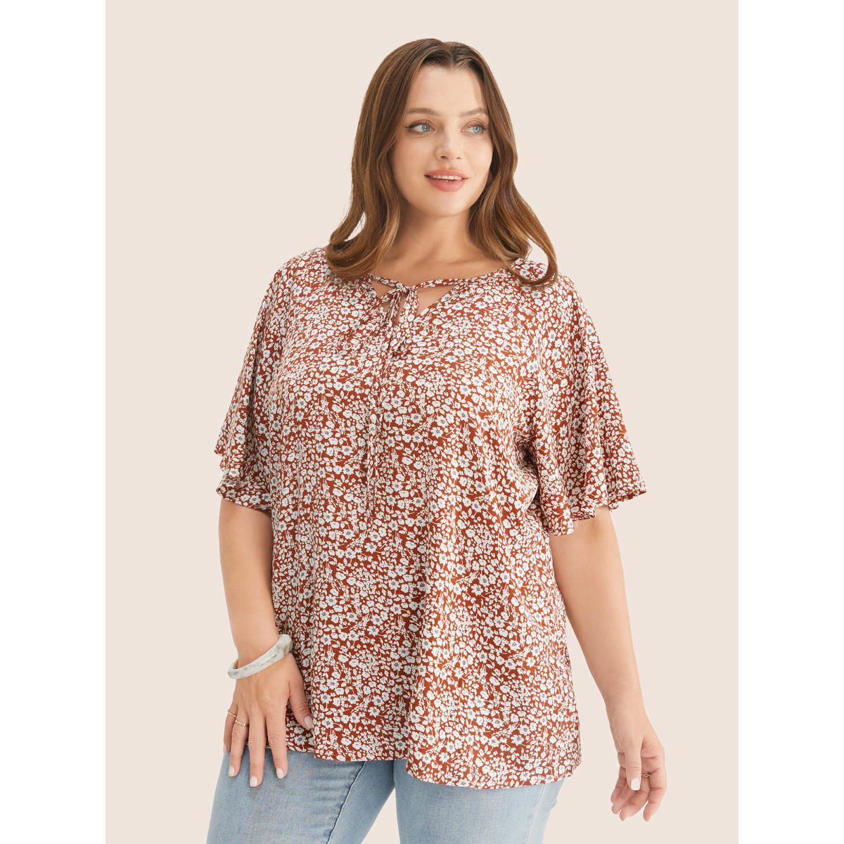Plus Size Maroon Ditsy Floral Ruffle Sleeve Tie Neck Blouse Women Elegant Short sleeve V-neck Everyday Blouses BloomChic 10/M Product Image