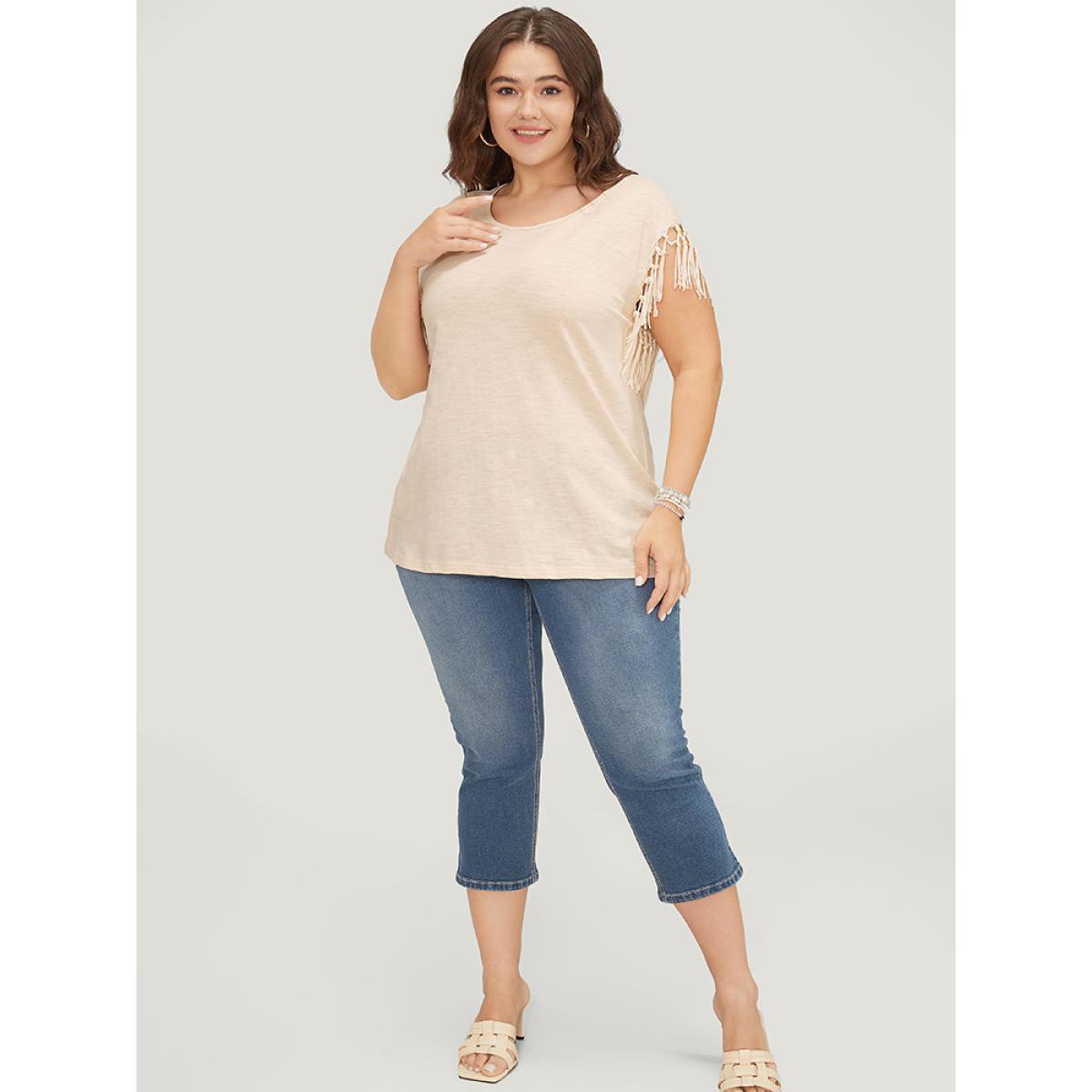Plus Size Solid Fringe Trim Batwing Sleeve T-shirt Beige Women Elegant Tassels Plain Round Neck Dailywear T-shirts BloomChic 12/L Product Image