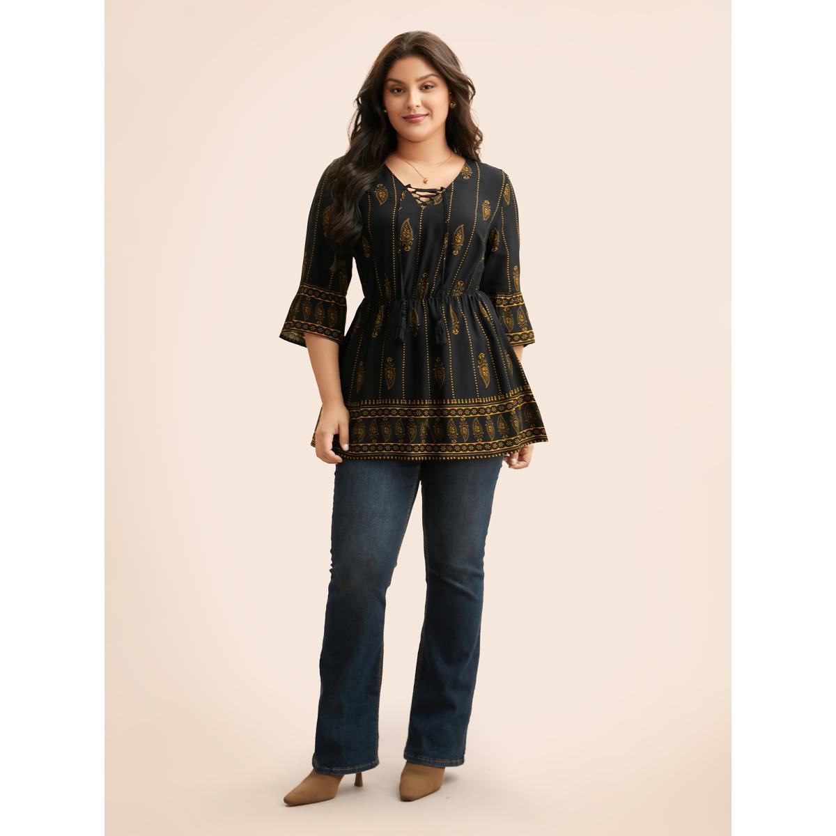 Plus Size Black Boho Print Lace Up Bell Sleeve Blouse Women Elegant Elbow-length sleeve V-neck Everyday Blouses BloomChic 30/6X Product Image