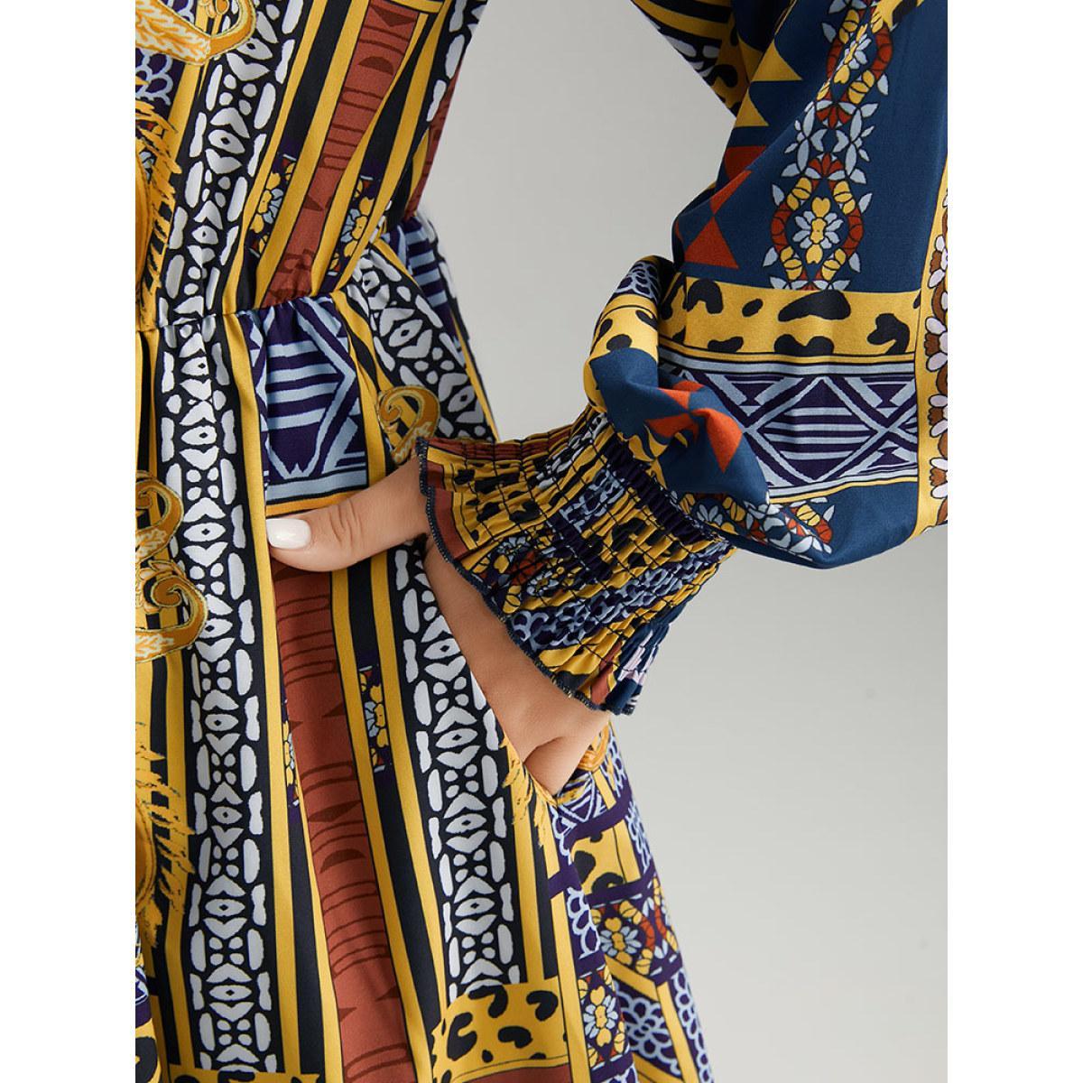 Plus Size Boho Print Shirred Pocket Ruffle Hem Dress DarkBlue Women Vacation Printed V-neck Long Sleeve Curvy Midi Dress BloomChic 26/4X Product Image