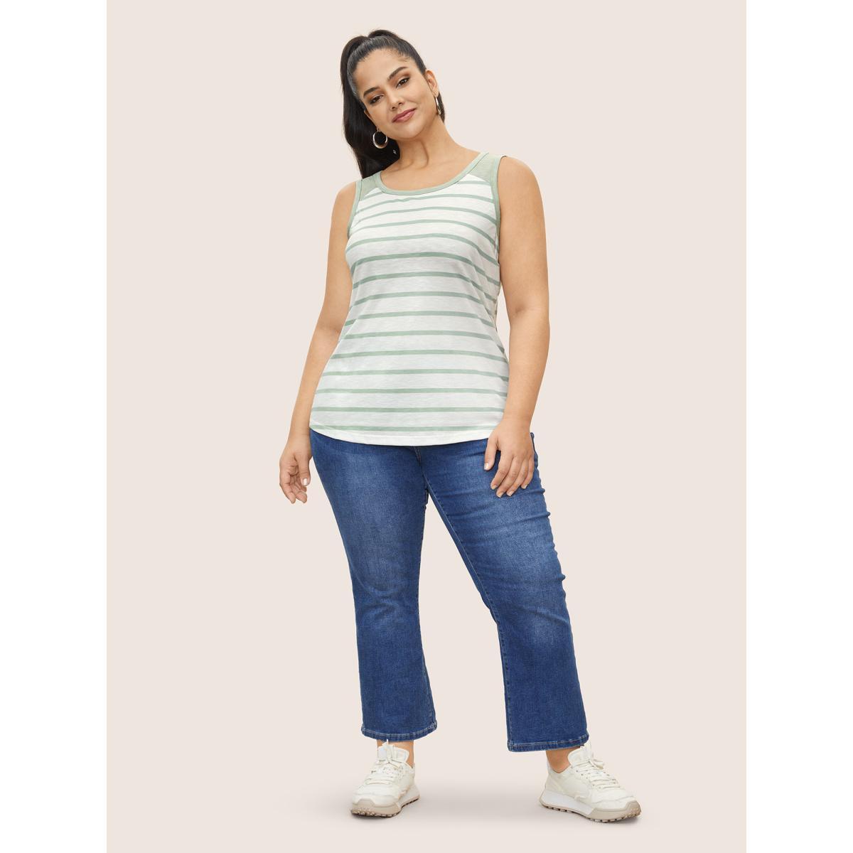Plus Size Contrast Stripes Round Neck Tank Top Women LightGreen Casual Contrast Round Neck Everyday Tank Tops Camis BloomChic 22-24/3X Product Image