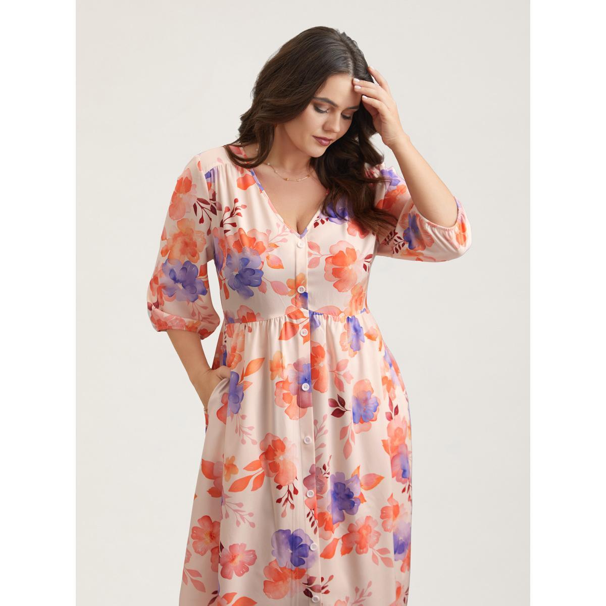 Plus Size Floral Fusion Front-Placket Midi Dress Blush Women Elegant Button V-neck Elbow-length sleeve Curvy BloomChic 18-20/2X Product Image