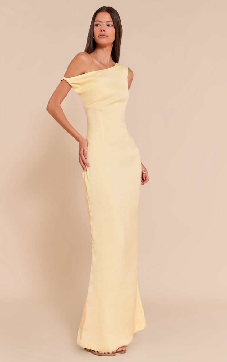 Lemon Satin Asymmetric Bardot Twist Maxi Dress Product Image