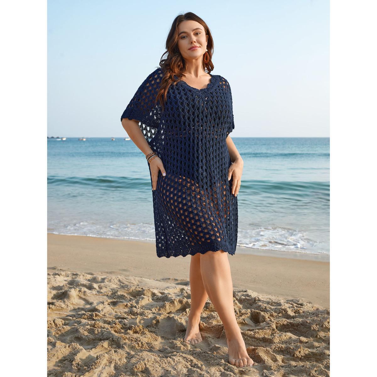 Plus Size V Neck Cut-Out Plain Textured Swim Cover Up Women's Swimwear Indigo Beach Loose Texture Curve Swim Cover Ups BloomChic 26/4X Product Image