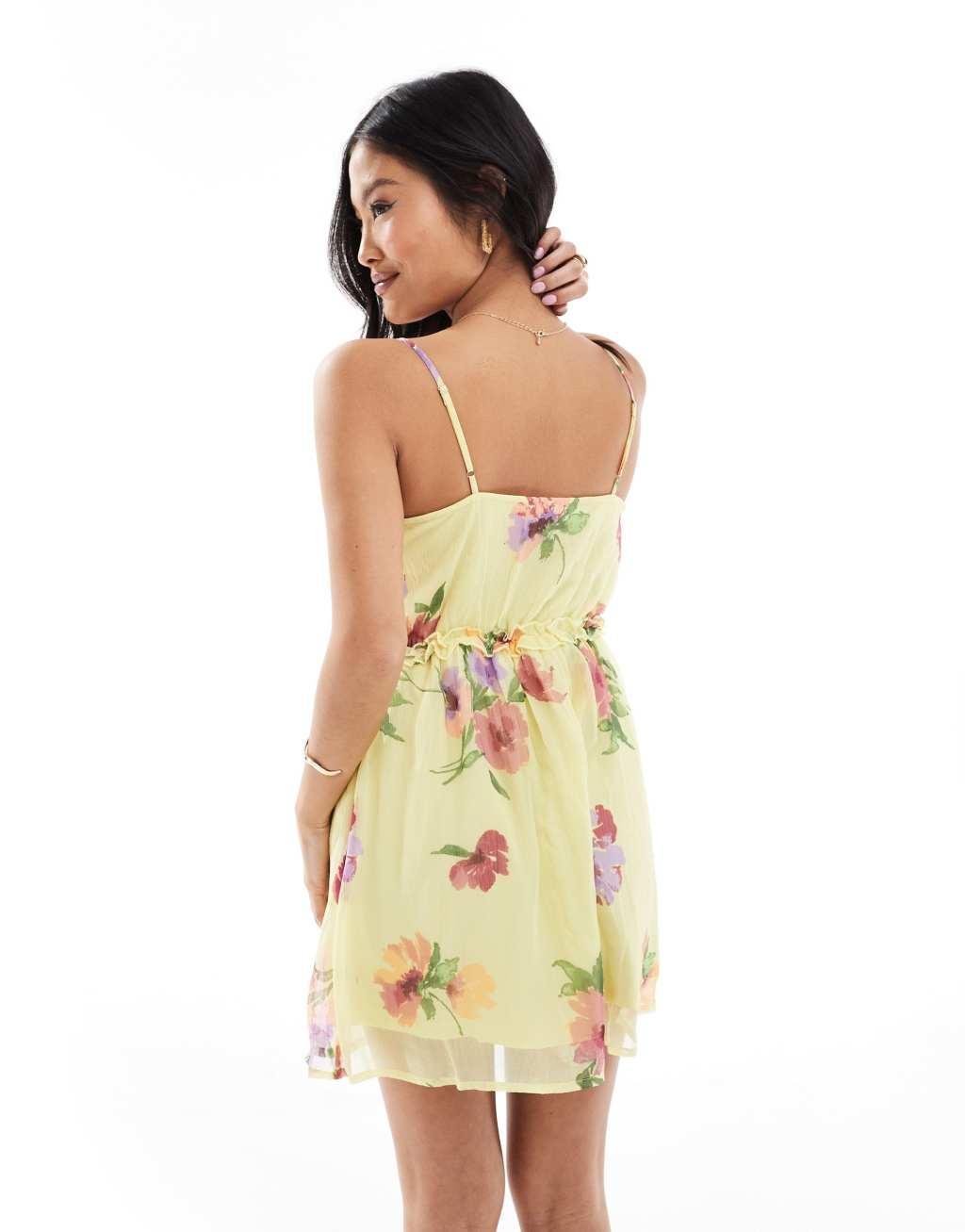 Vero Moda Petite cami mini dress with ruffle detail in lemon floral Product Image