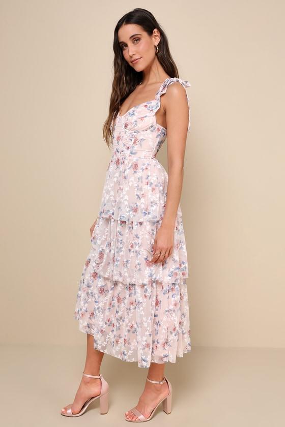 Flirtatious Radiance Blush Pink Floral Mesh Bustier Midi Dress Product Image