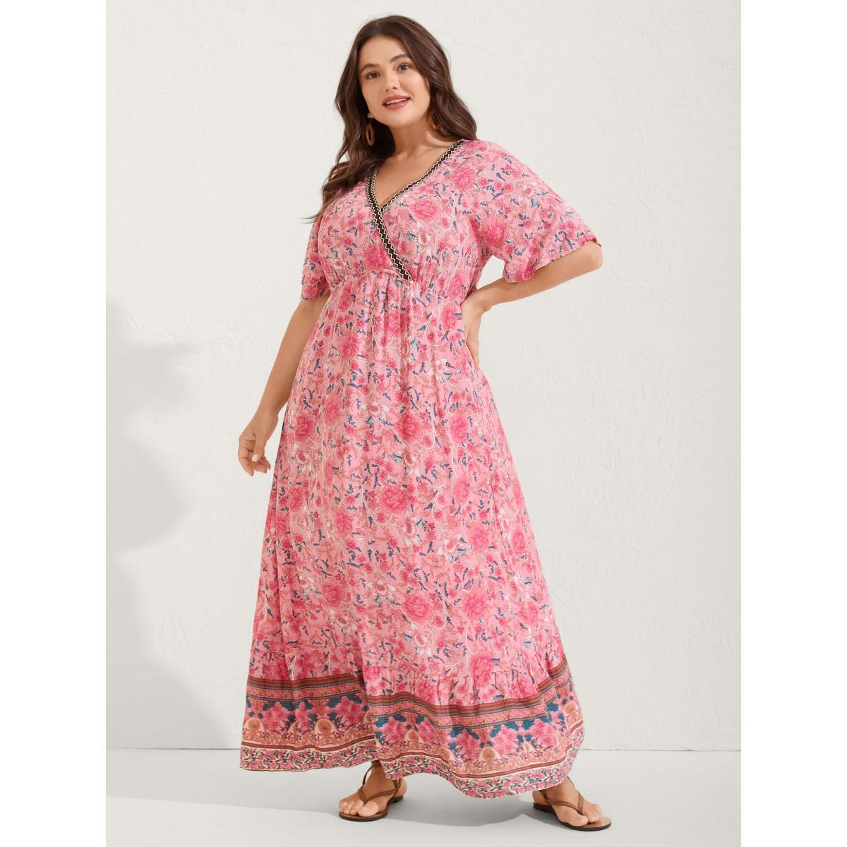 Plus Size Rosy Floral Print Lace Maxi Dress Blush Women Overlap Collar Short sleeve Curvy BloomChic 22-24/3X Product Image