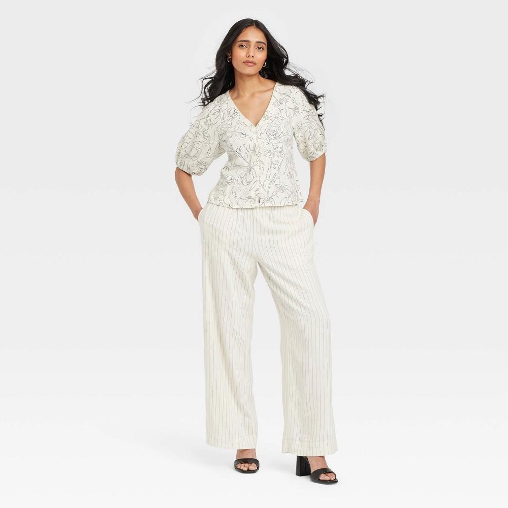 Womens Linen Blouse - A New Day Cream/Black Floral XL: Midweight V Neck, Elbow Sleeve, Front Button, Machine Washable Product Image