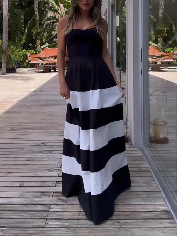 A-Line High Waisted Contrast Color Pockets Striped Tube Maxi Dresses Product Image