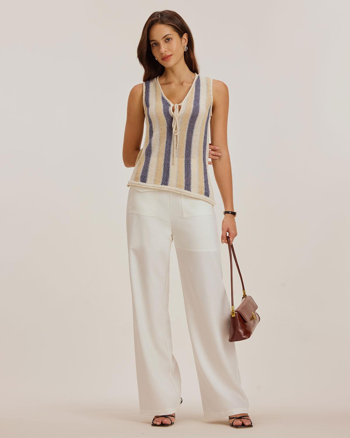 Blue Striped V Neck Tank Top Product Image
