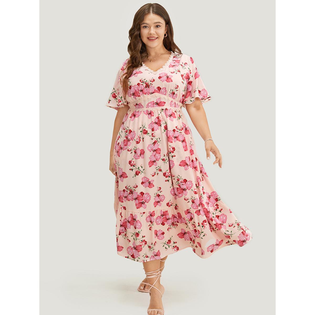 Plus Size Floral Print Lace Pocket Ruffle Hem Empire Waist Dress Pink Women Elegant Pocket V-neck Short sleeve Curvy Midi Dress BloomChic 10/M Product Image