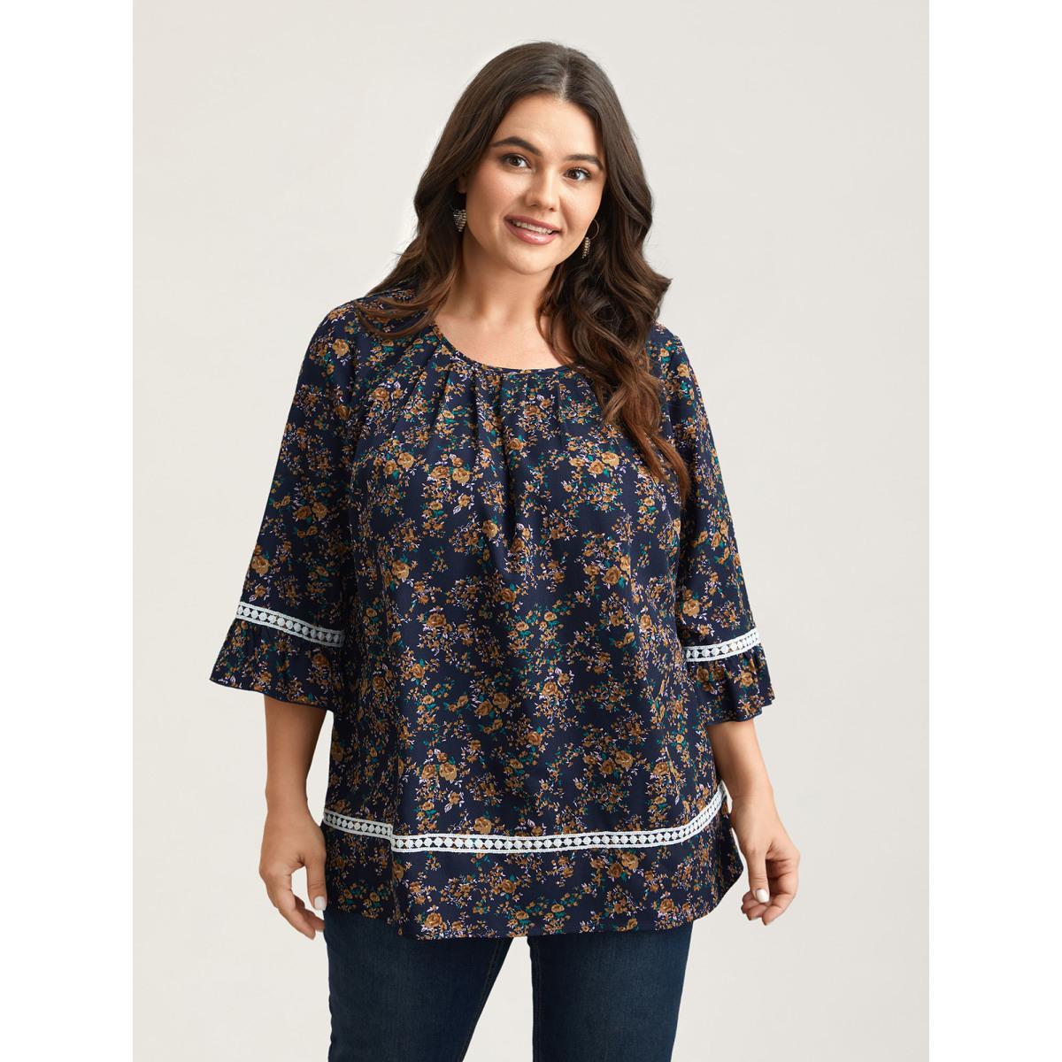 Plus Size Indigo Floral Print Lace Paneled Gathered Shirt Women Elegant Elbow-length sleeve Round Neck Everyday Blouses BloomChic 28/5X Product Image