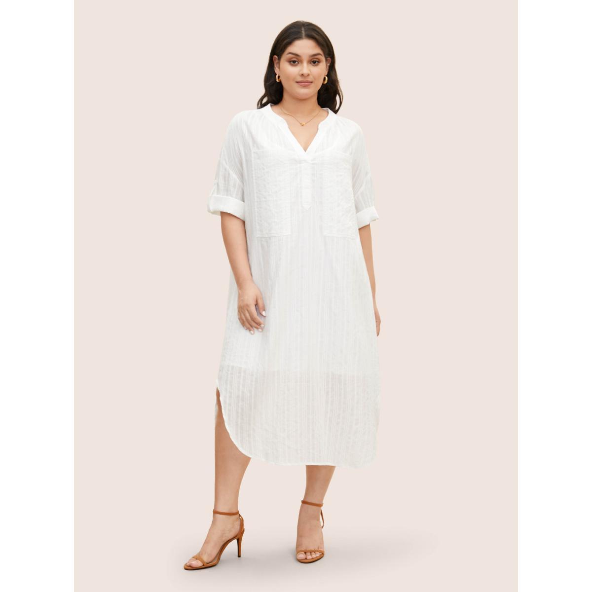 Plus Size Notched Mesh Patched Pocket Button Cuff Sleeve Dress Originalwhite Women At the Office Texture Flat collar with V-notch Elbow-length sleeve Curvy BloomChic 14-16/1X Product Image
