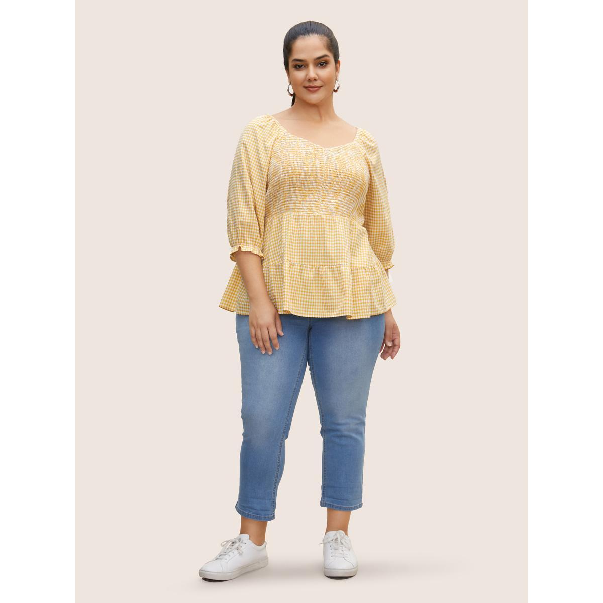 Plus Size Turmeric Heart Neckline Gingham Shirred Lantern Sleeve Blouse Women Casual Elbow-length sleeve Heart neckline Everyday Blouses BloomChic 10/M Product Image