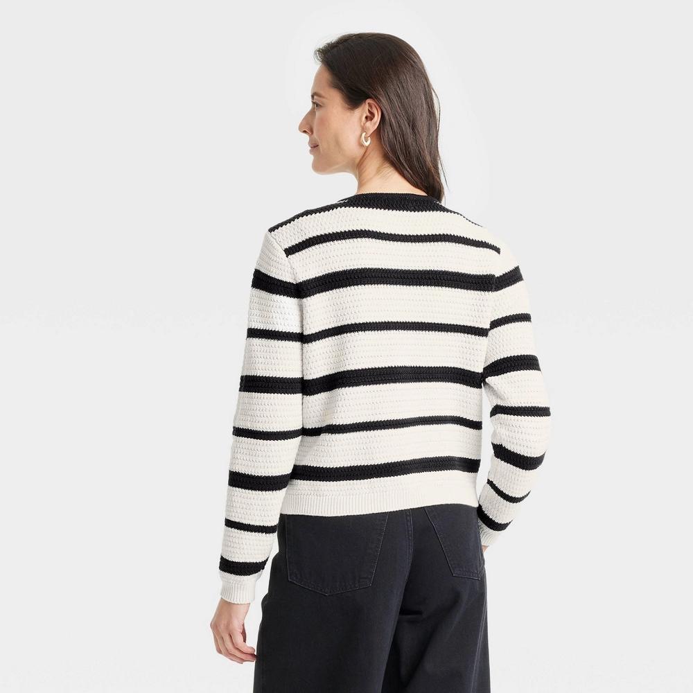 Womens Button-Front Cardigan - Universal Thread Cream/Black Striped XL: Cotton Blend, Textured Stitching, Ribbed Cuffs Product Image