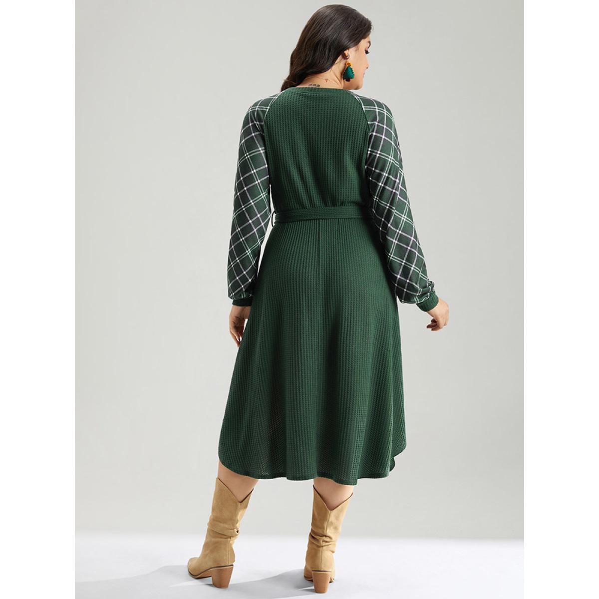 Plus Size Waffle Knit Plaid Patchwork Belted Dress DarkGreen Women Elegant Belted V-neck Long Sleeve Curvy Midi Dress BloomChic 14-16/1X Product Image