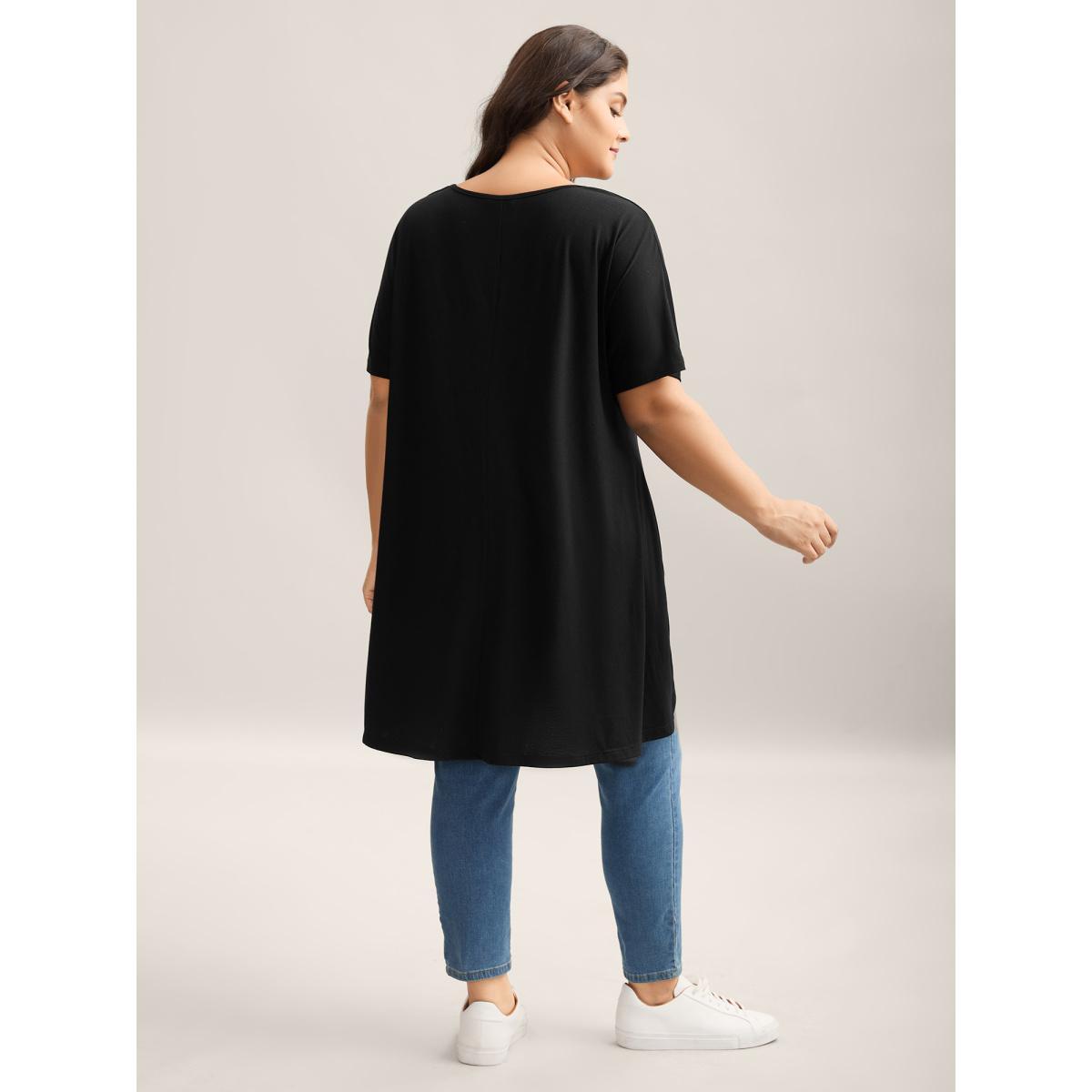 Plus Size Supersoft Stretchy High-Low Hem T-Shirt Black Women Non Round Neck Loose Everyday-Casual T-shirts BloomChic 22-24/3X Product Image