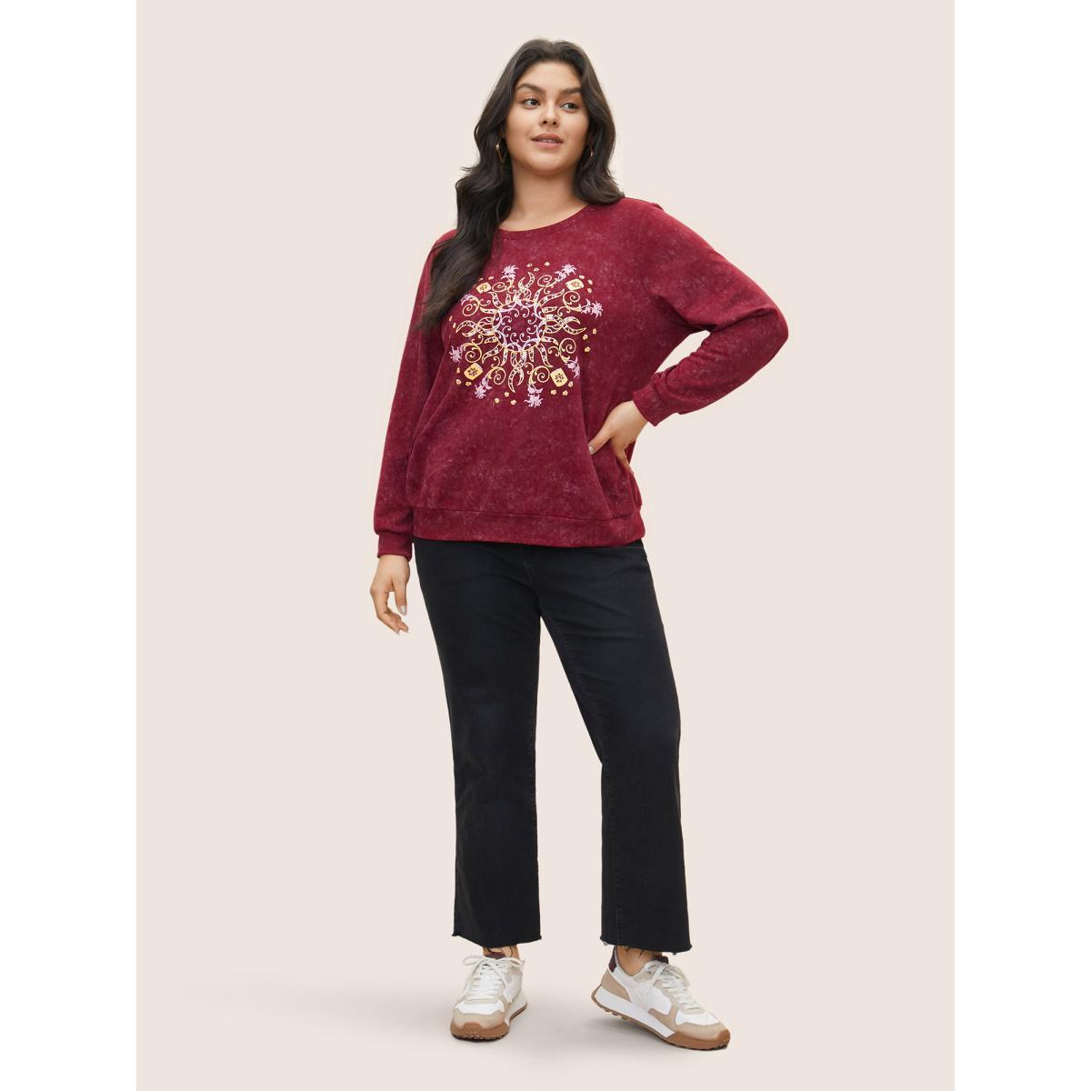 Plus Size Vintage Horoscope Print Round Neck Sweatshirt Women Burgundy Casual Non Everyday Sweatshirts BloomChic 14-16/1X Product Image