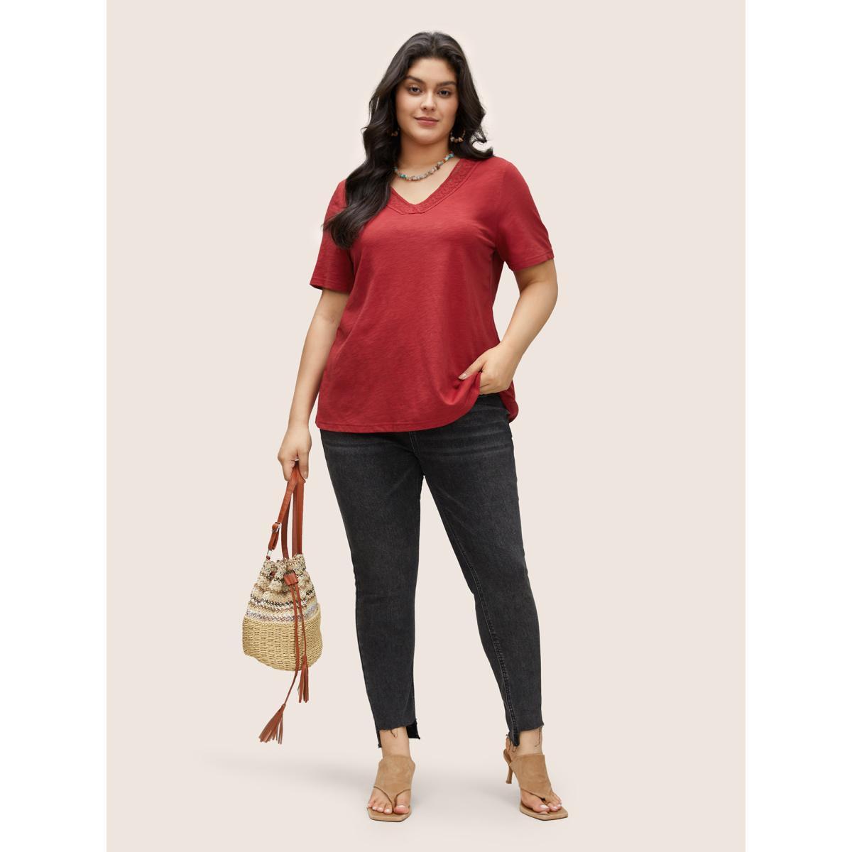 Plus Size Plain V Neck Lace Panel T-shirt Red Women Elegant Non Plain V-neck Everyday T-shirts BloomChic 28/5X Product Image