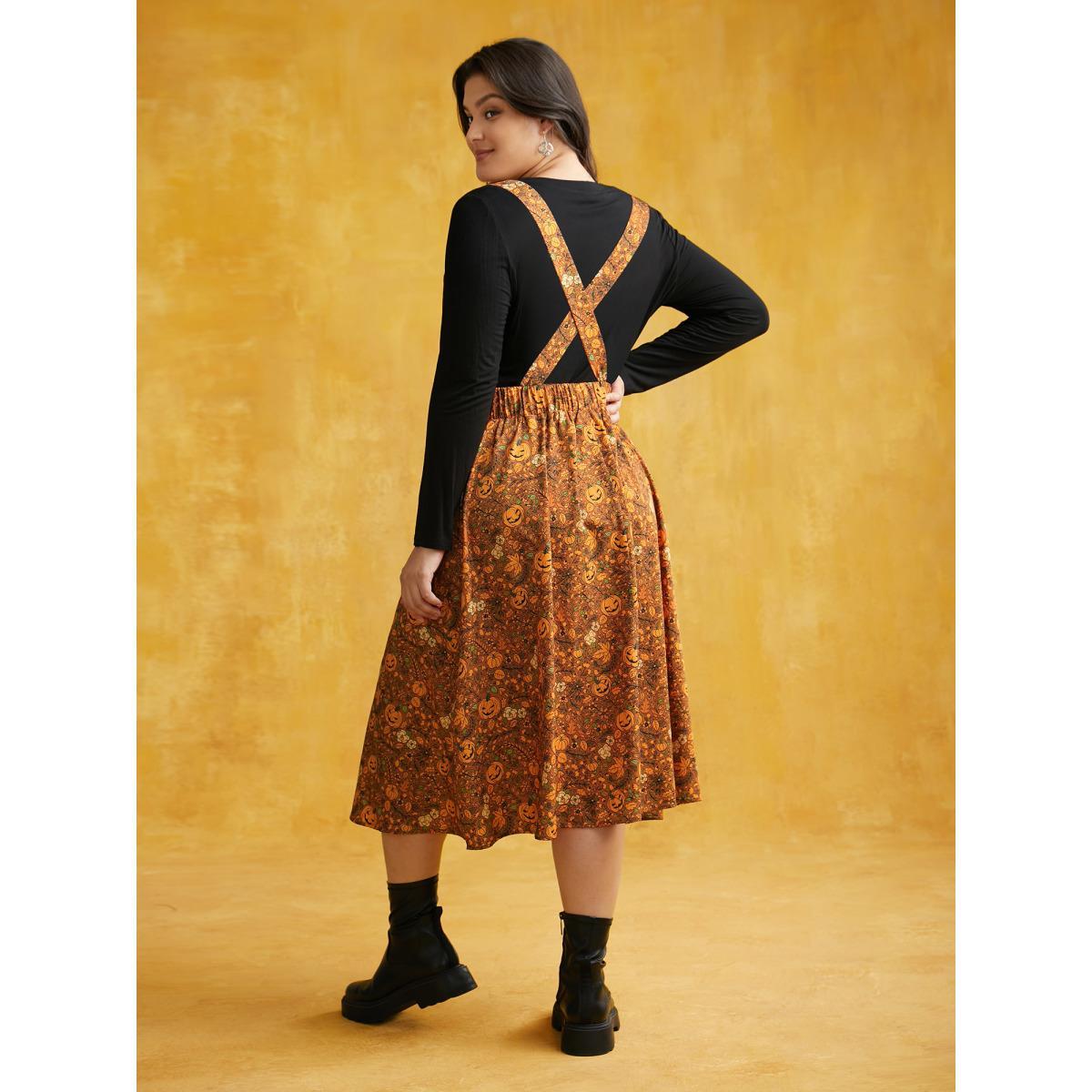 Plus Size Pumpkin Print Suspender Midi Dress Amber Women Casual Non Party Curvy Bloomchic 30/6X Product Image