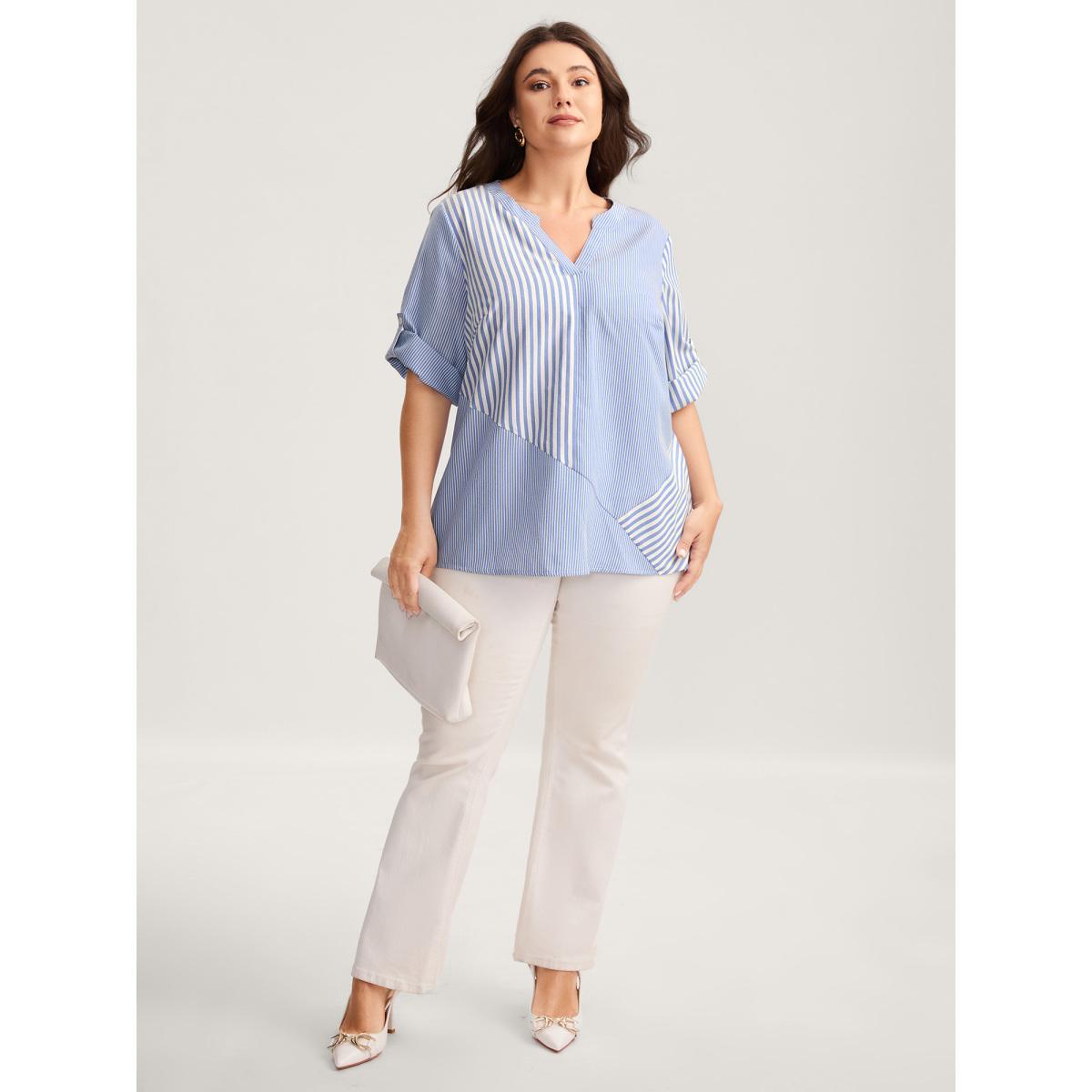 Plus Size DarkBlue Modern Stripes Notched Collar Blouse Women Elbow-length sleeve Flat collar with V-notch Work Blouses BloomChic 12/L Product Image