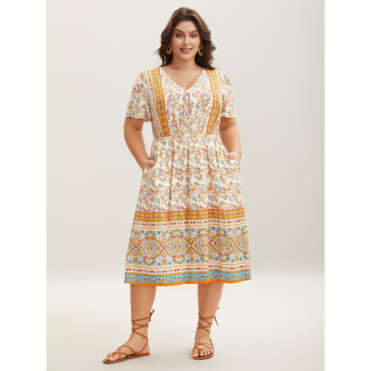 Plus Size Boho Print Adjustable Neck Ties Midi Dress Lightyellow Women V-neck Short sleeve Curvy BloomChic 26/4X Product Image