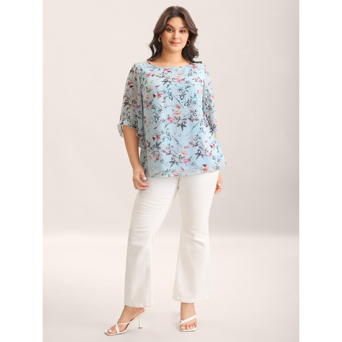 Plus Size LightBlue Chiffon Floral Print Flowy Blouse Women Elbow-length sleeve Boat Neck Everyday-Elegant Blouses BloomChic 22-24/3X Product Image