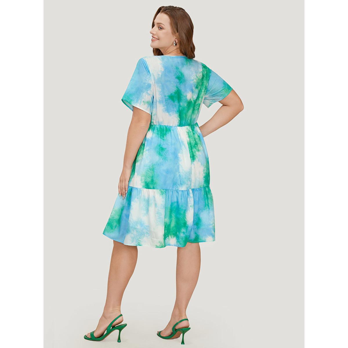 Plus Size Tie Dye Crew Neck Pocket Ruffle Tiered Dress Multicolor Women Vacation Tiered Round Neck Short sleeve Curvy Knee Dress BloomChic 12/L Product Image