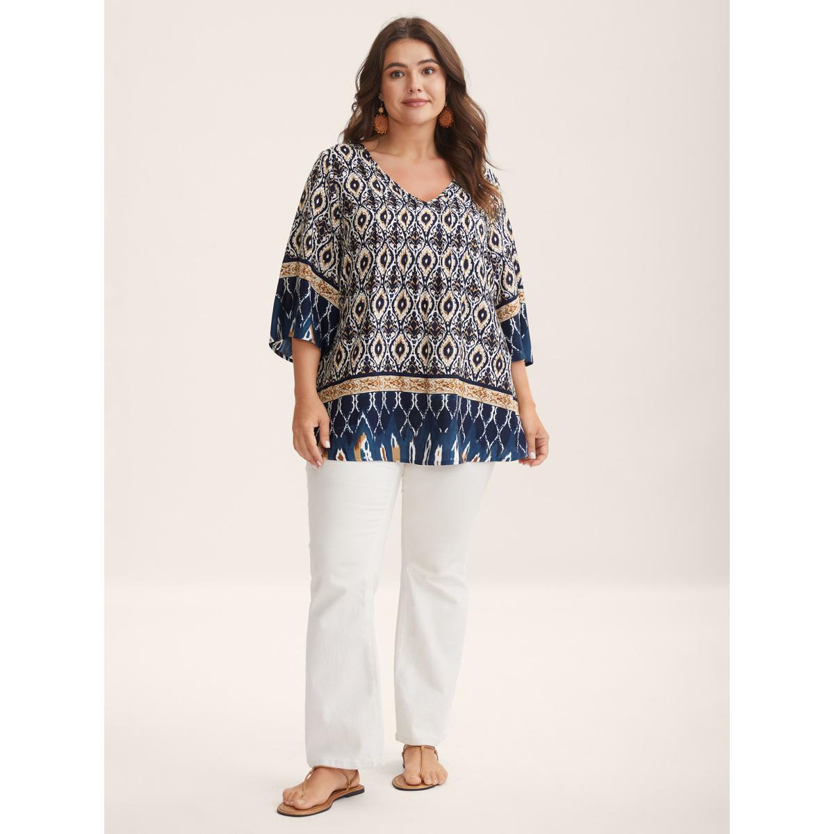 Plus Size Indigo Pin-Tuck Pleat Ornate Print Relaxed Fit Shirt Women Resort Elbow-length sleeve V-neck Vacation Blouses BloomChic 12/L Product Image