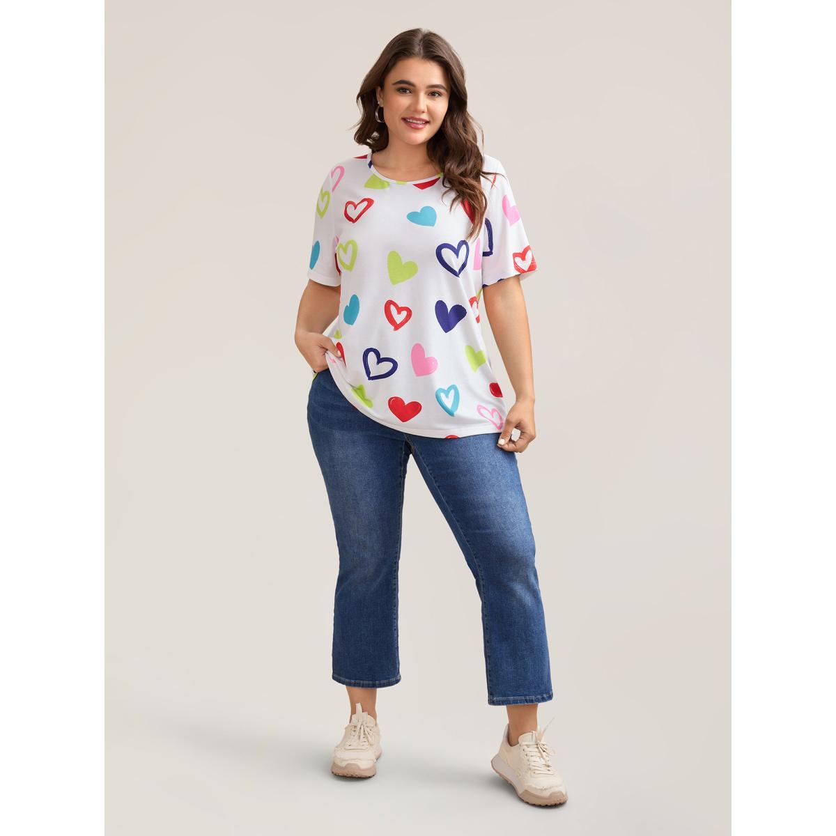 Plus Size Multi-Color Heart Pattern Round Neck T-Blouse Originalwhite Women Casual Non Round Neck Everyday T-shirts BloomChic 22-24/3X Product Image