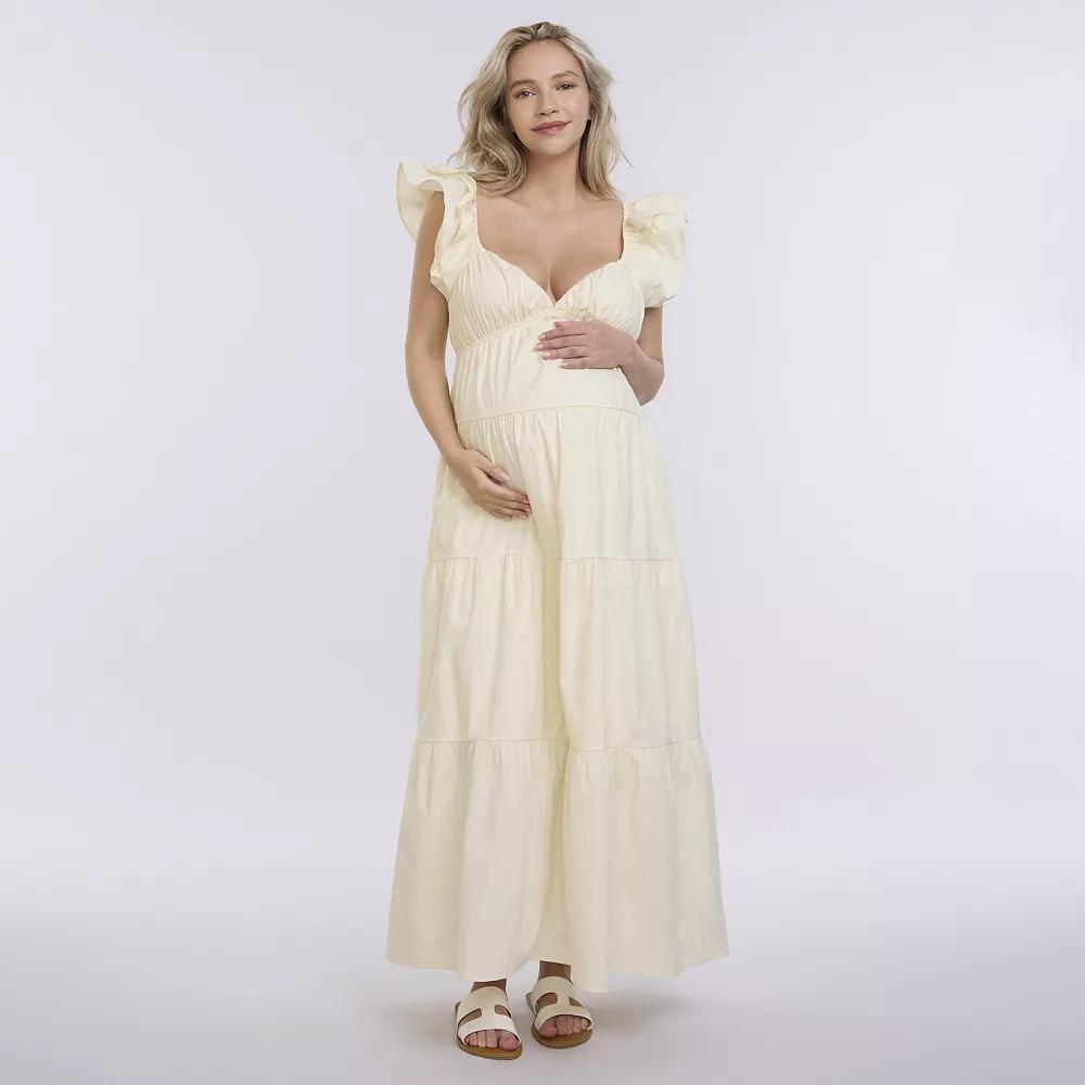 Maternity Motherhood® Babydoll Ruffle Maxi Dress, Women's, Size: Small-Mat, Winter White Product Image