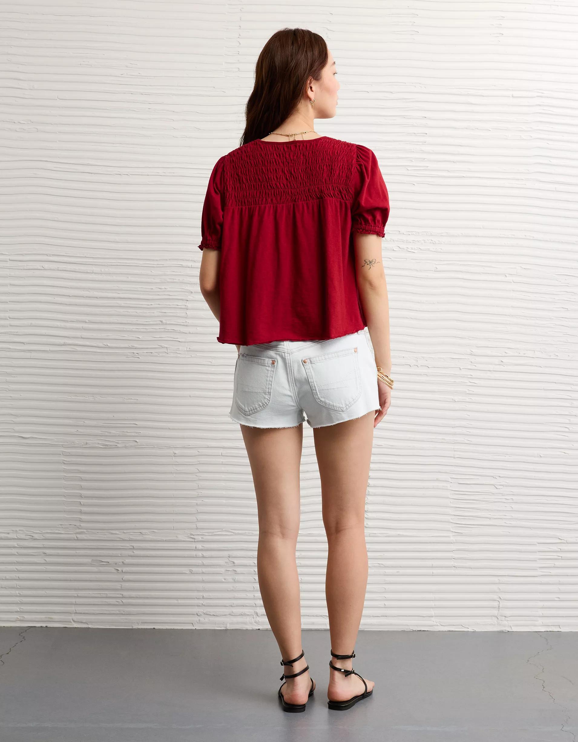 AE Sunchaser High Neck Puff Sleeve Smocked T-Shirt Product Image