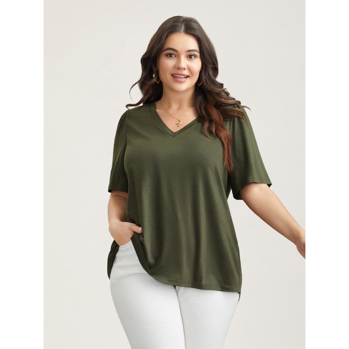 Plus Size Back Pleats V-Neck Split T-Shirt ArmyGreen Women Casual Overlapping V-neck Everyday T-shirts BloomChic 26/4X Product Image