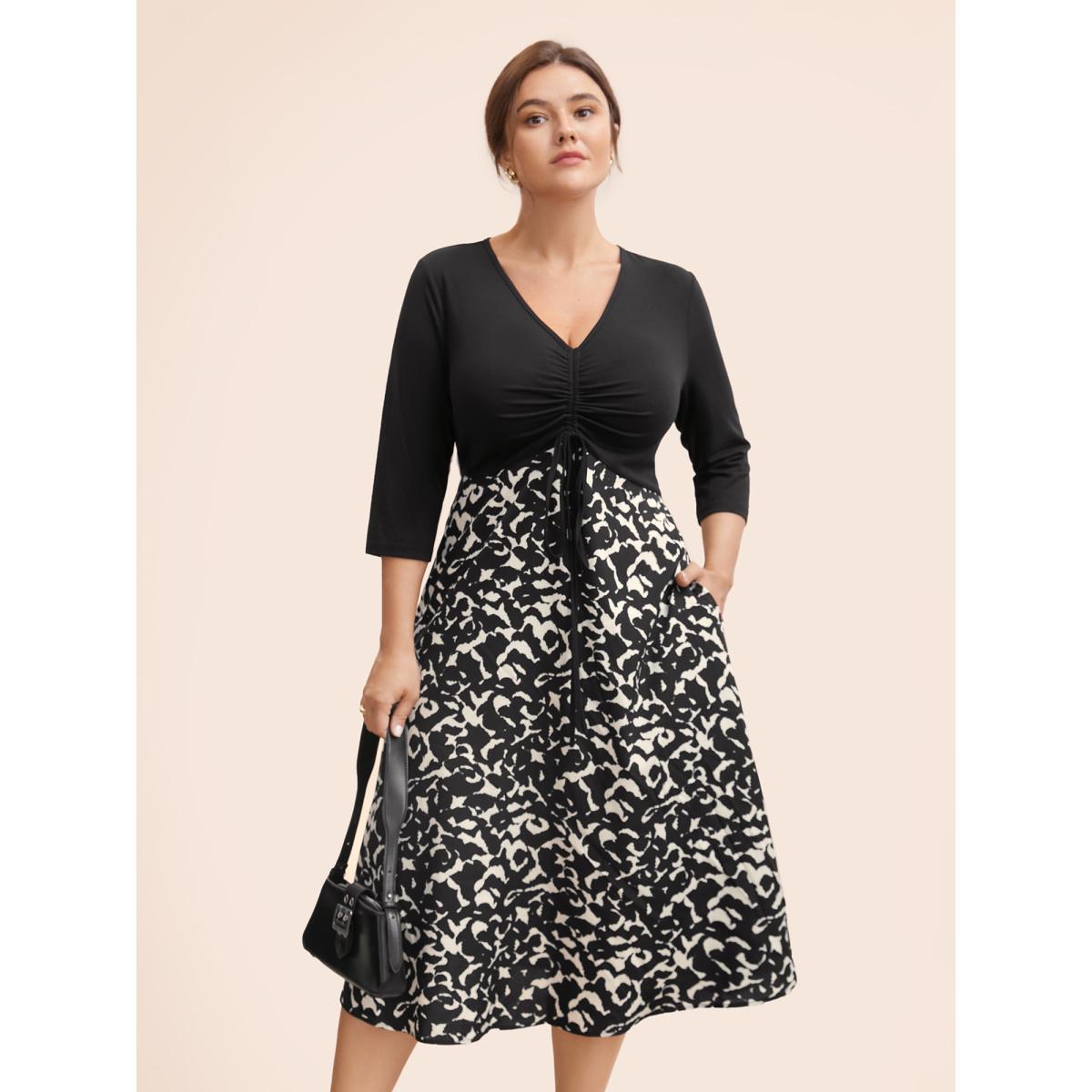 Plus Size V Neck Patchwork Drawstring Dress Black Women Elegant Patchwork V-neck Elbow-length sleeve Curvy BloomChic 26/4X Product Image