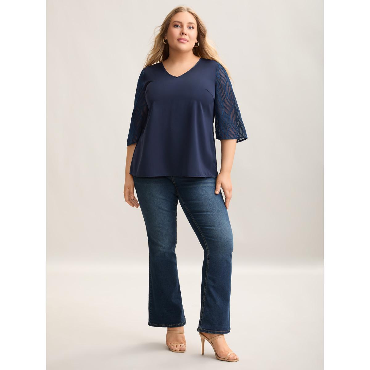 Plus Size Indigo Sheer Mesh Sleeve Spliced V-Neck Blouse Women Elegant Elbow-length sleeve V-neck Everyday Blouses BloomChic 30/6X Product Image
