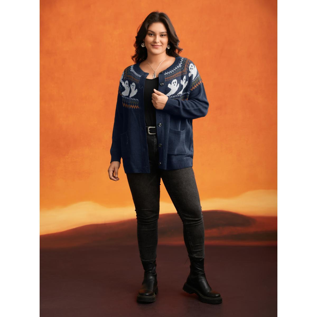 Plus Size Ghostly Fair Isle Button-Up Cardigan Indigo Women Casual Long Sleeve Everyday Cardigans BloomChic 22-24/3X Product Image