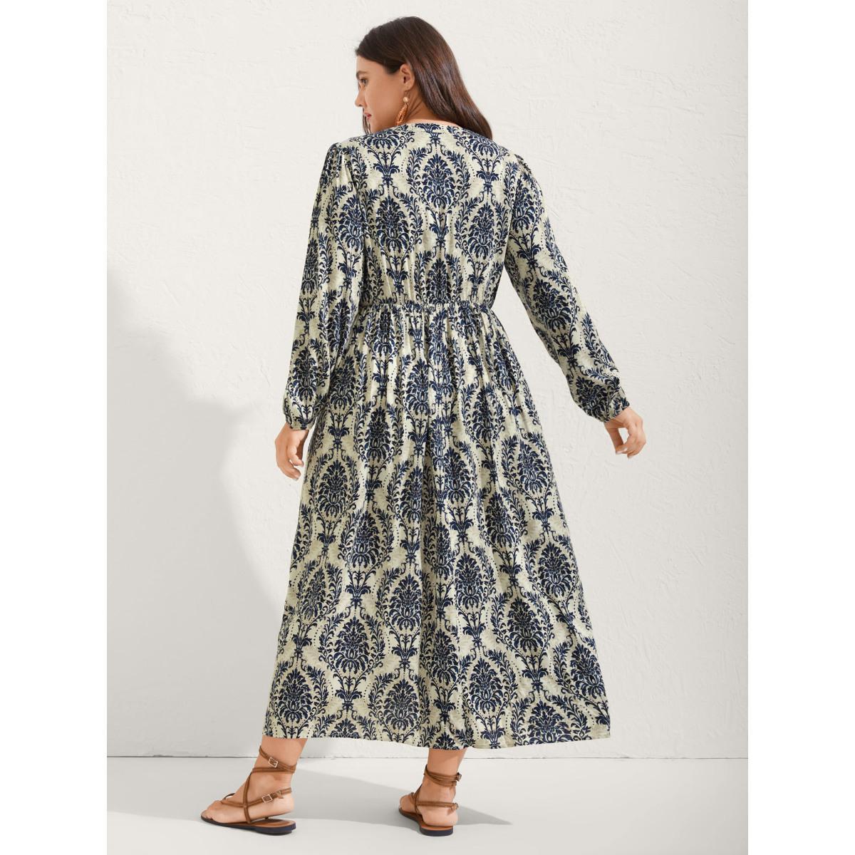 Plus Size Boho Print Notched Tie Knot Maxi Dress DarkBlue Women Resort Tie knot Flat collar with V-notch Long Sleeve Curvy BloomChic 30/6X Product Image