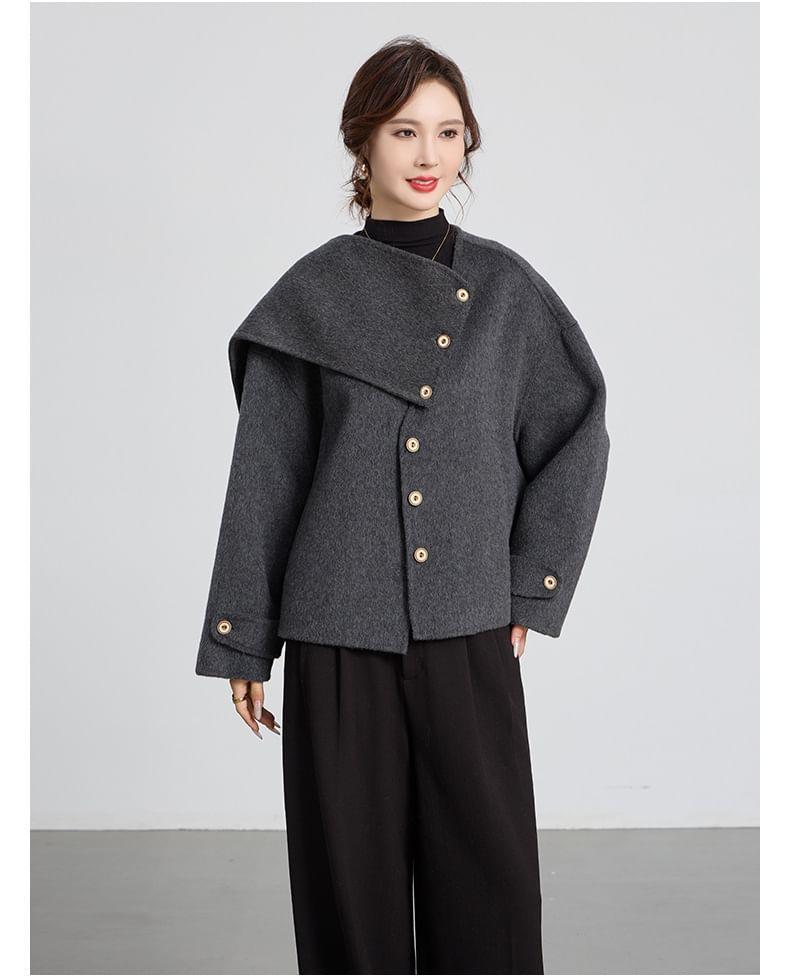 Set: V-Neck Plain Button-Up Jacket + Fringed Scarf Product Image
