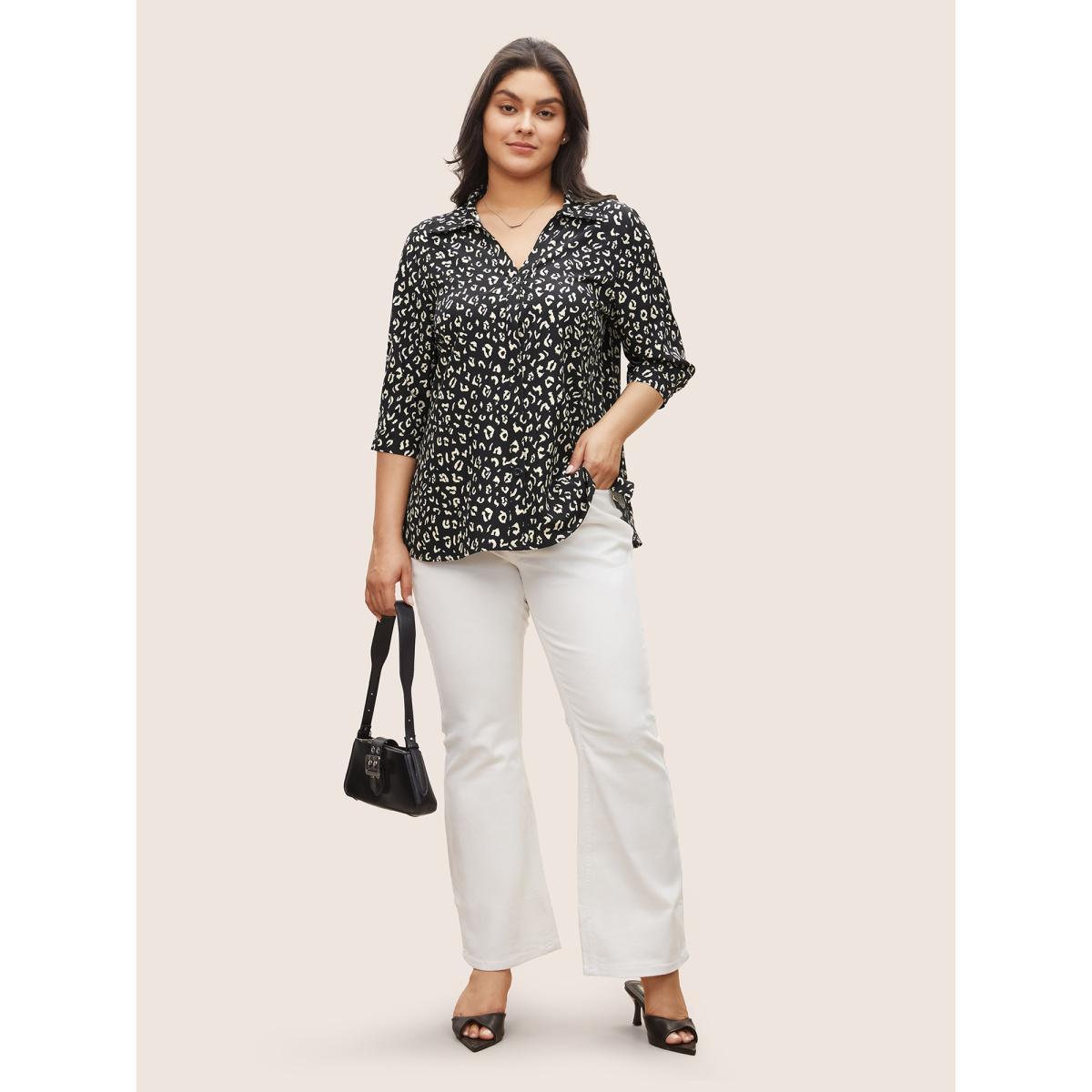 Plus Size BlackFlower Leopard Print Shirt Collar Button Up Blouse Women At the Office Elbow-length sleeve Shirt collar Work Blouses BloomChic 18-20/2X Product Image