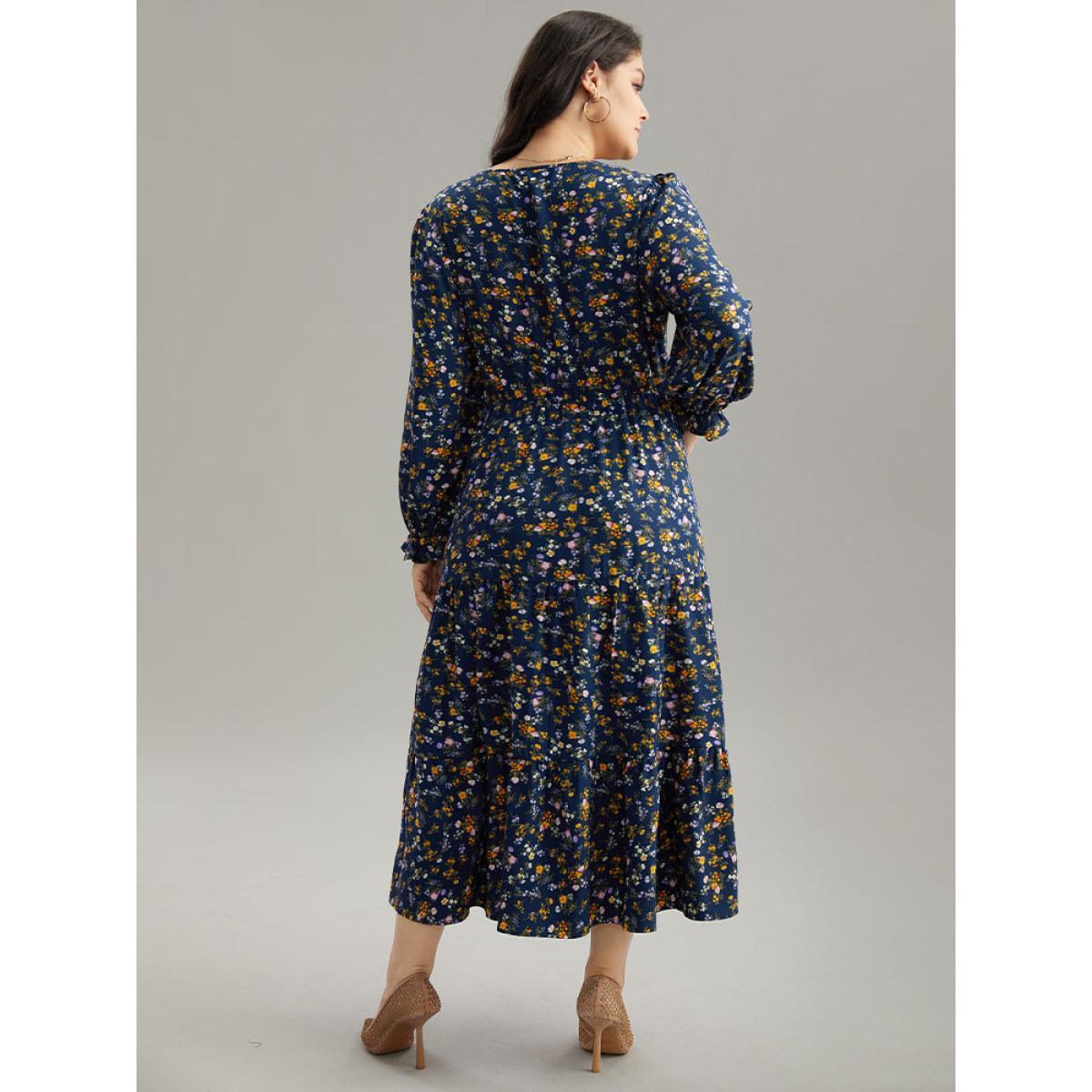 Plus Size Ditsy Floral Button Detail Ruffles Pocket Dress Navy Women Office Printed V-neck Long Sleeve Curvy Midi Dress BloomChic 28/5X Product Image