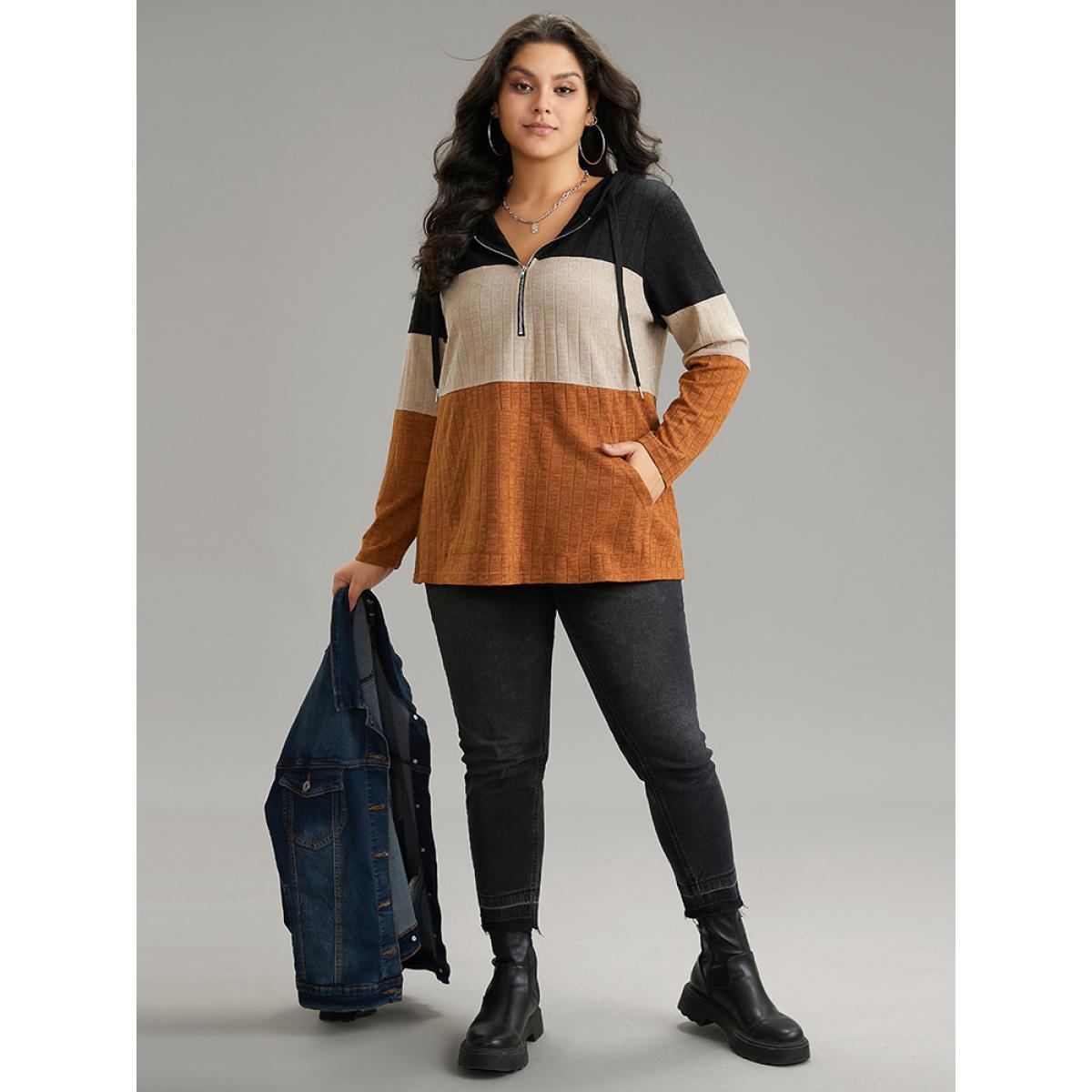 Plus Size Rib Knit Colorblock Contrast Half Zip Hooded Sweatshirt Women Black Casual Texture Hooded Dailywear Sweatshirts BloomChic 26/4X Product Image