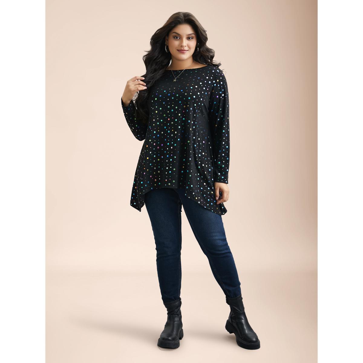Plus Size Multi-Color Dots Boat Neck T-Shirt Black Women Casual Contrast Boat Neck Everyday T-shirts BloomChic 10/M Product Image