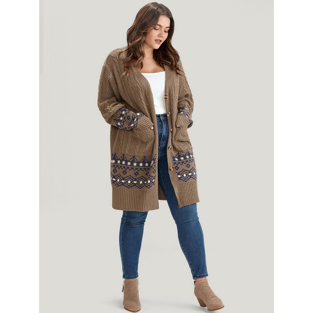 Plus Size Geometric Contrast Pointelle Knit Pocket Cable Knit Button Front Cardigan Bronze Women Elegant Loose Long Sleeve Dailywear Cardigans BloomChic 10/M Product Image