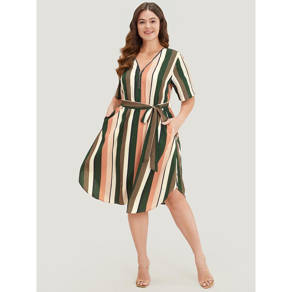 Plus Size Striped Contrast Pocket Belt Arc Hem Zip Up Dress Multicolor Women Office Contrast V-neck Short sleeve Curvy Midi Dress BloomChic 14-16/1X Product Image