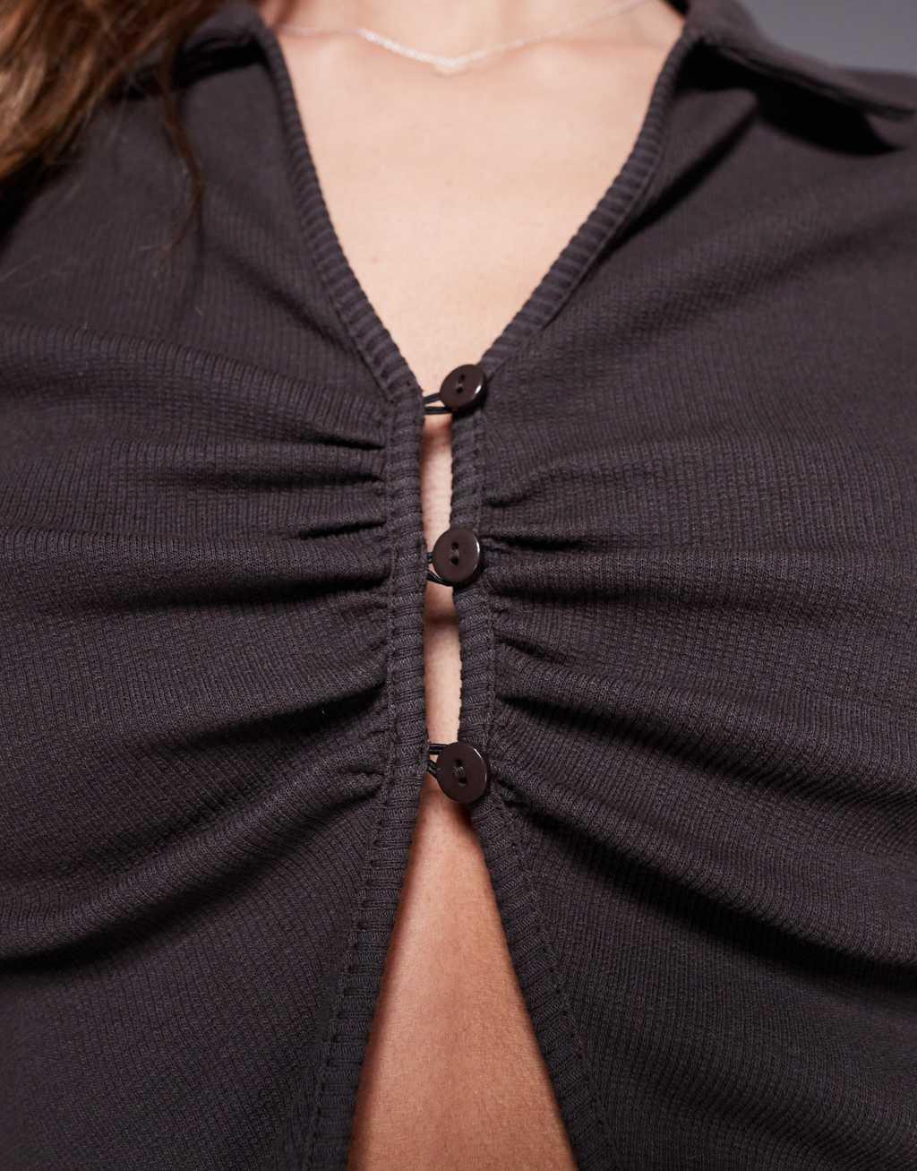 ASOS DESIGN ribbed ruched front long sleeve top in chocolate Product Image