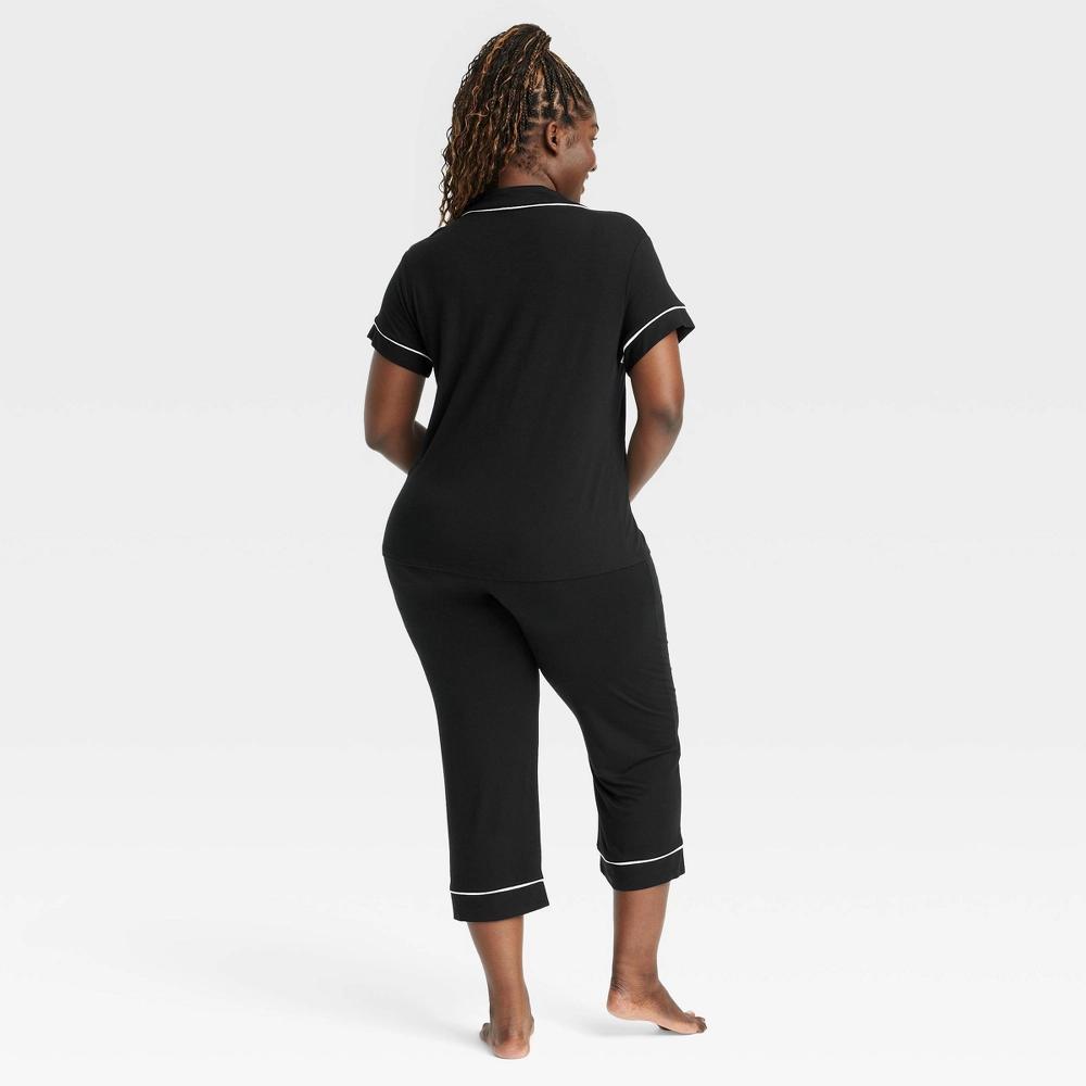 Women's Cloud Knit Short Sleeve Notch Collar Top and Cropped Pants Pajama Set - Auden™ Black M: Modal Spandex Blend Product Image