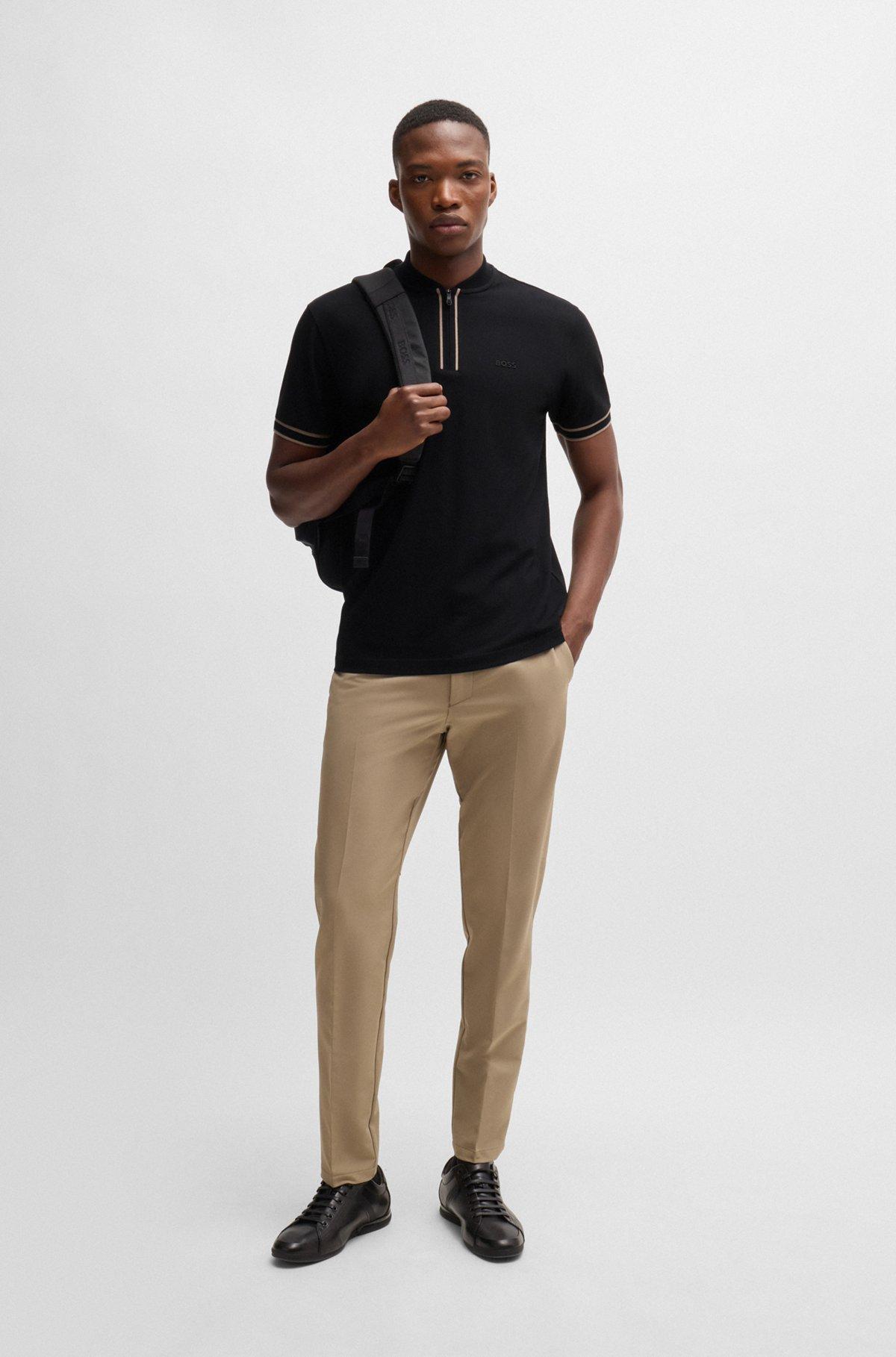BOSS - Zip-neck polo shirt in stretch-cotton piqué - Black Product Image