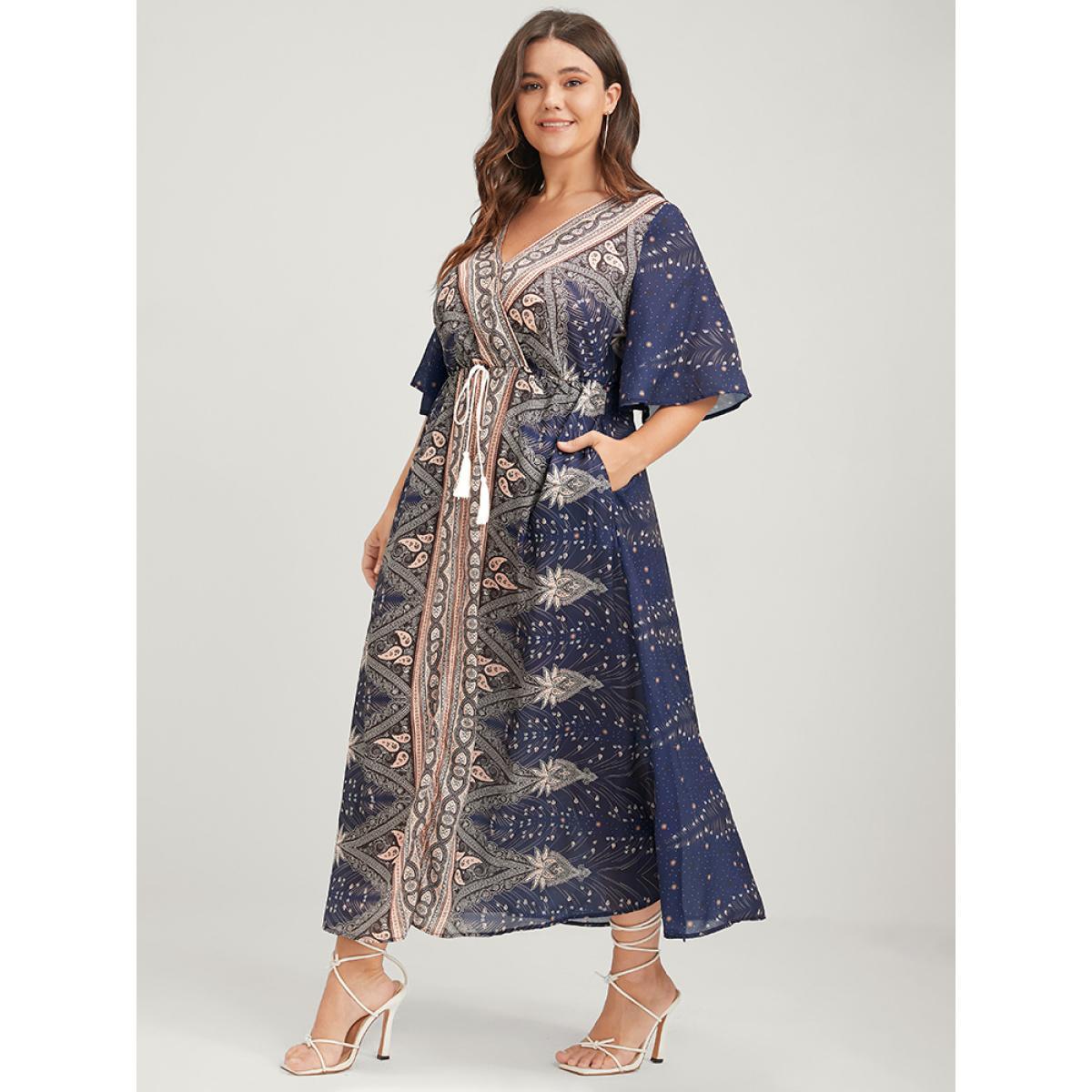 Plus Size Bandana Ruffles Button Split Pocket Ties Wrap Maxi Dress DarkBlue Women Vacation Printed V-neck Half Sleeve Curvy Long Dress BloomChic 28/5X Product Image